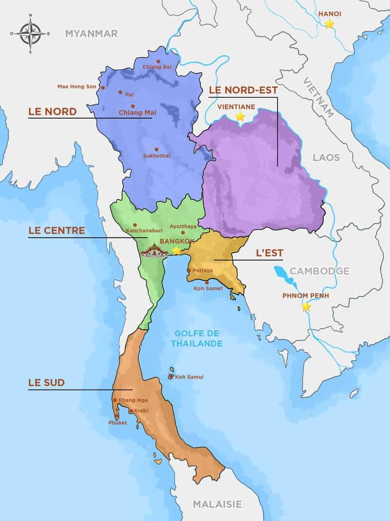 Carte de la Thaïlande avec régions colorées et principales villes.