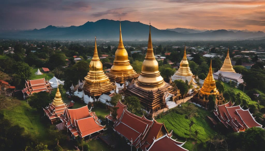Pagodes dorées dans un temple en Thaïlande au coucher du soleil.