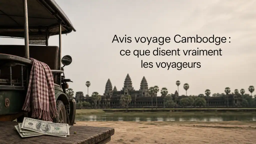 Vue du temple Angkor Wat au lever du soleil, voyageur en tuk-tuk.