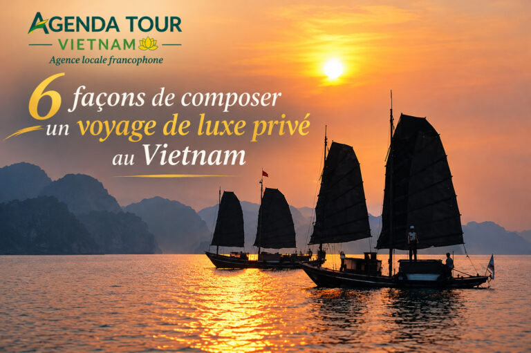 Bateaux traditionnels en mer au coucher du soleil au Vietnam.